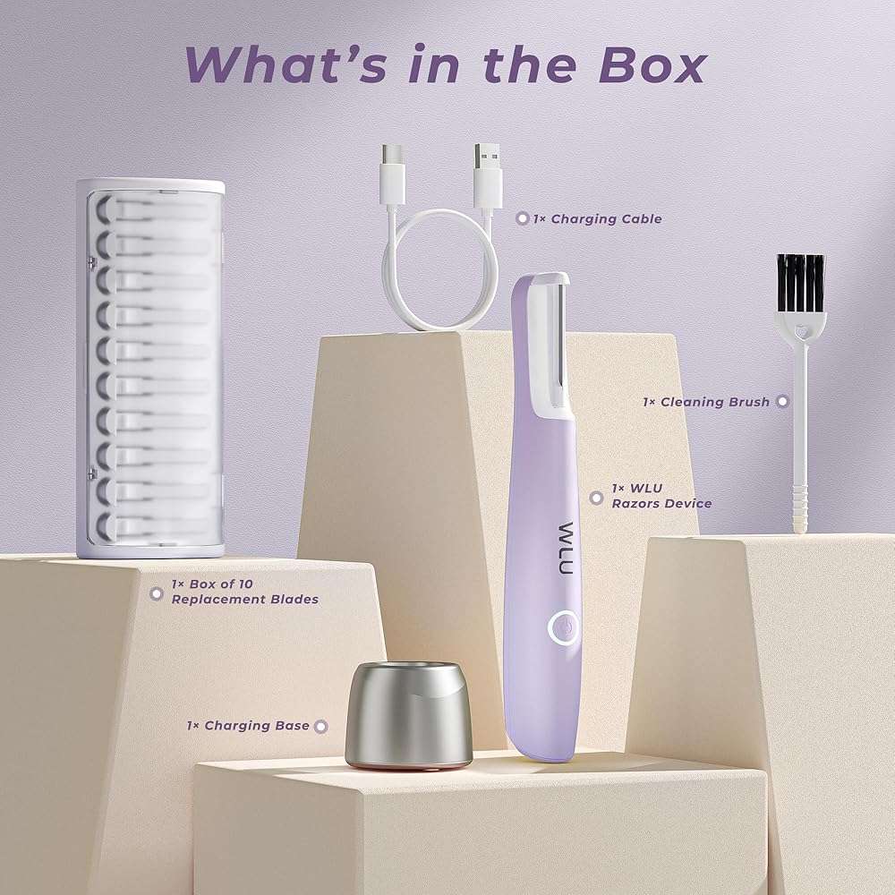 Dermaplane Razor for Women Face, WLU Rechargeable Face Dermaplaning Tool – Peach Fuzz, Facial Hair & Exfoliation Removal, Sonic Technology with LED Light, 3 Speeds & 10 Blades (Purple) - Image 7