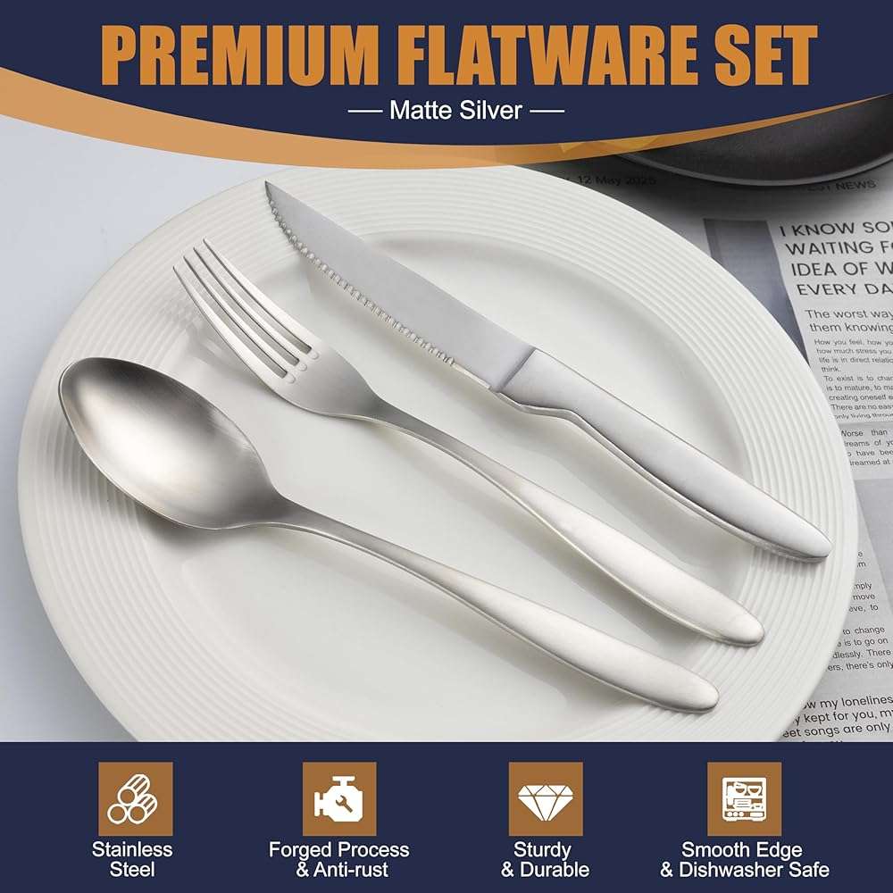 40 Pieces Silverware Set, Stainless Steel Flatware Set for 8, Matte Satin Polished Cutlery Set Include Forks Spoons and Knives, Dishwasher Safe Utensils Set for Home Restaurant - Image 3