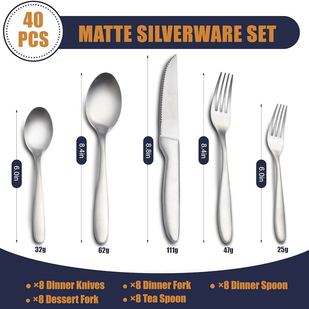 40 Pieces Silverware Set, Stainless Steel Flatware Set for 8, Matte Satin Polished Cutlery Set Include Forks Spoons and Knives, Dishwasher Safe Utensils Set for Home Restaurant - Image 4