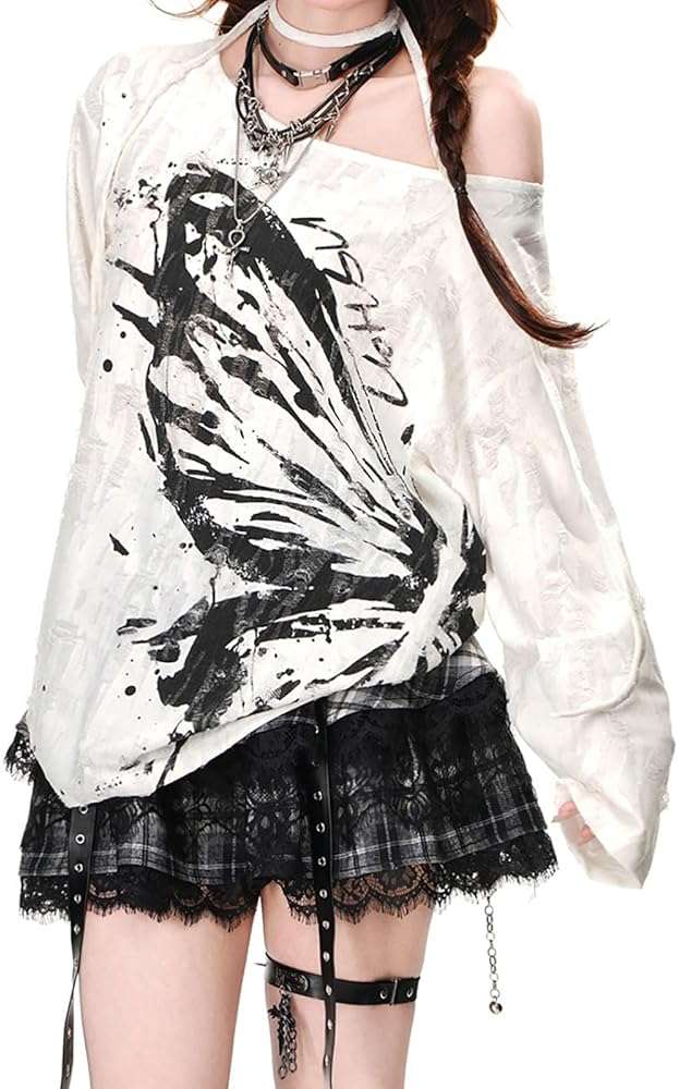 Women Goth T Shirt Harajuku Anime Graphic Y2K Tops Long Sleeve Off Shoulder Grunge Aesthetic Clothes - Image 1