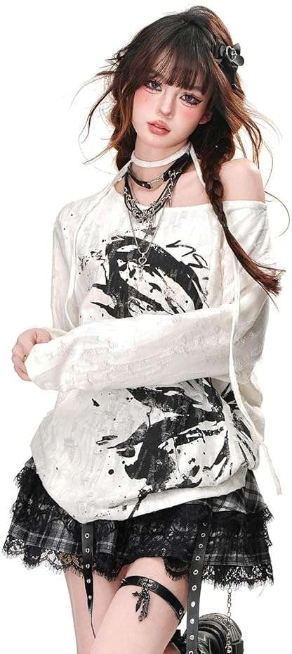 Women Goth T Shirt Harajuku Anime Graphic Y2K Tops Long Sleeve Off Shoulder Grunge Aesthetic Clothes - Image 3