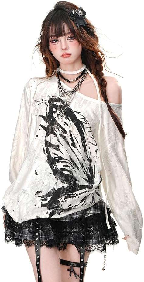 Women Goth T Shirt Harajuku Anime Graphic Y2K Tops Long Sleeve Off Shoulder Grunge Aesthetic Clothes - Image 5