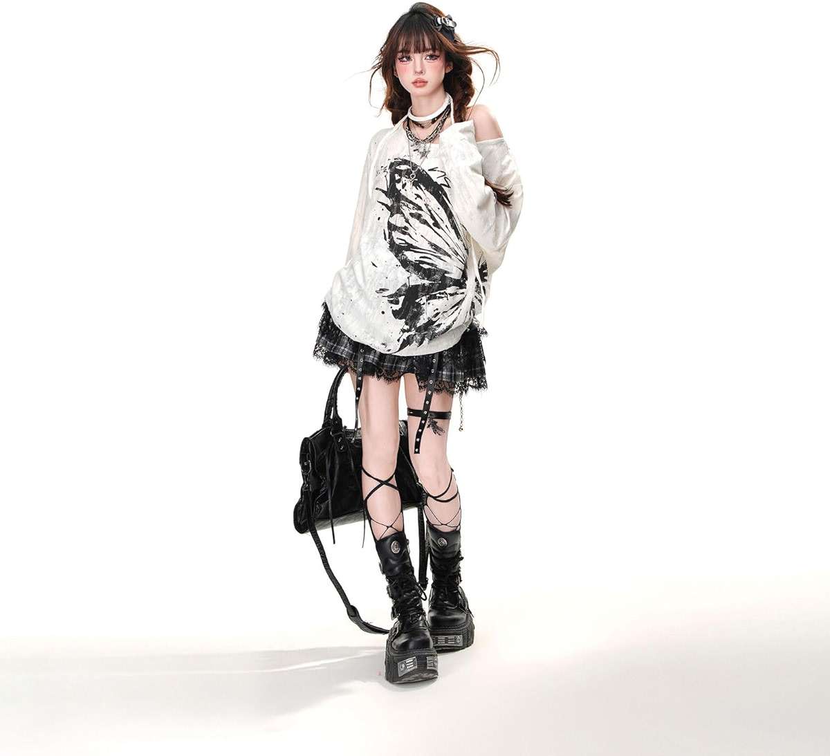 Women Goth T Shirt Harajuku Anime Graphic Y2K Tops Long Sleeve Off Shoulder Grunge Aesthetic Clothes - Image 6