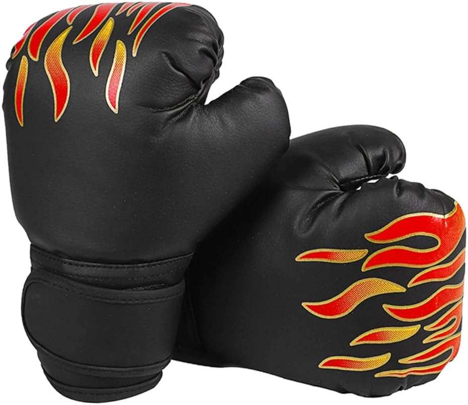 UKCOCO Boxing Gloves PU Leather Thai Training Sparring Gloves for Kickboxing Grappling with Wrist Wraps Comfortable Black Flame Design - Image 1