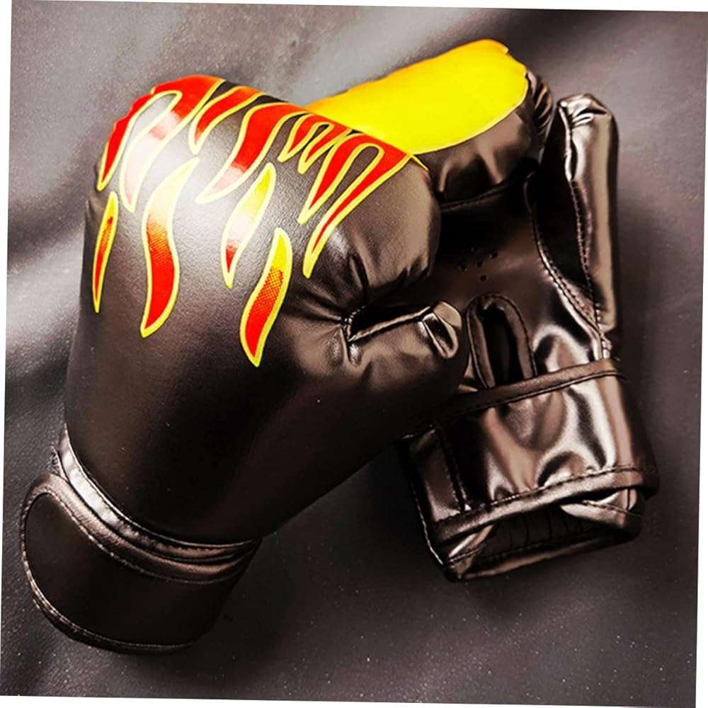 UKCOCO Boxing Gloves PU Leather Thai Training Sparring Gloves for Kickboxing Grappling with Wrist Wraps Comfortable Black Flame Design - Image 2