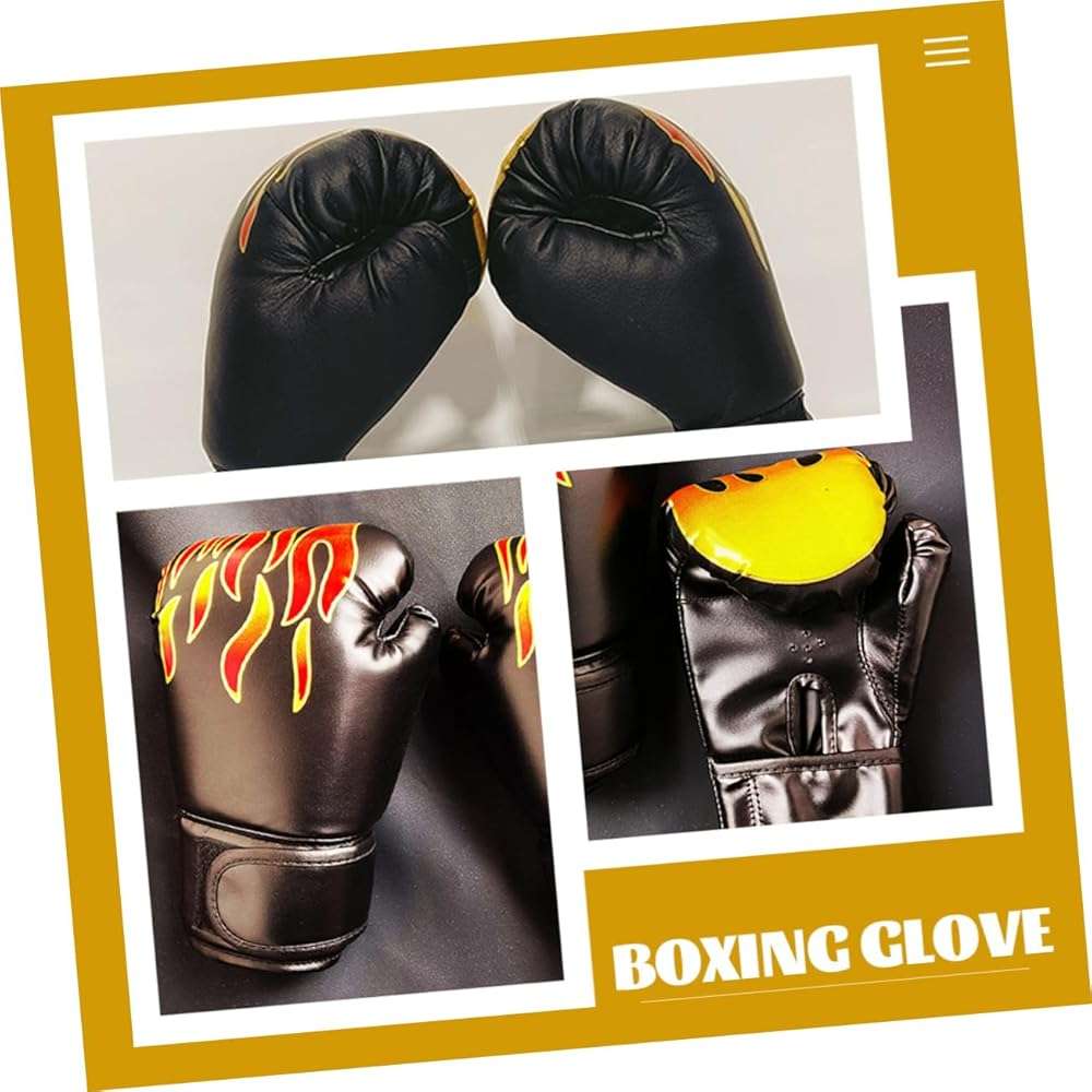UKCOCO Boxing Gloves PU Leather Thai Training Sparring Gloves for Kickboxing Grappling with Wrist Wraps Comfortable Black Flame Design - Image 4