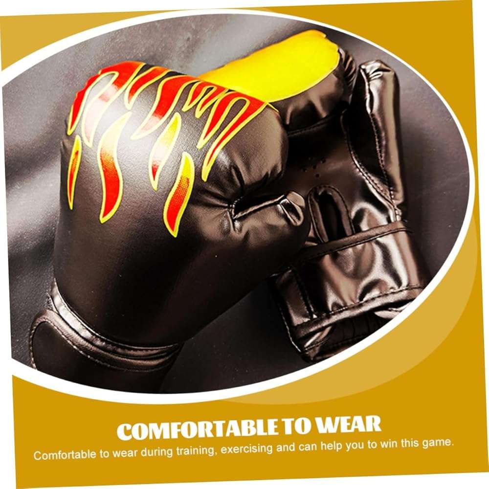 UKCOCO Boxing Gloves PU Leather Thai Training Sparring Gloves for Kickboxing Grappling with Wrist Wraps Comfortable Black Flame Design - Image 5