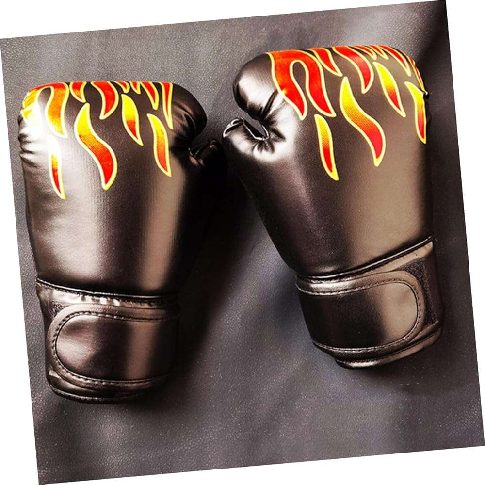 UKCOCO Boxing Gloves PU Leather Thai Training Sparring Gloves for Kickboxing Grappling with Wrist Wraps Comfortable Black Flame Design - Image 7