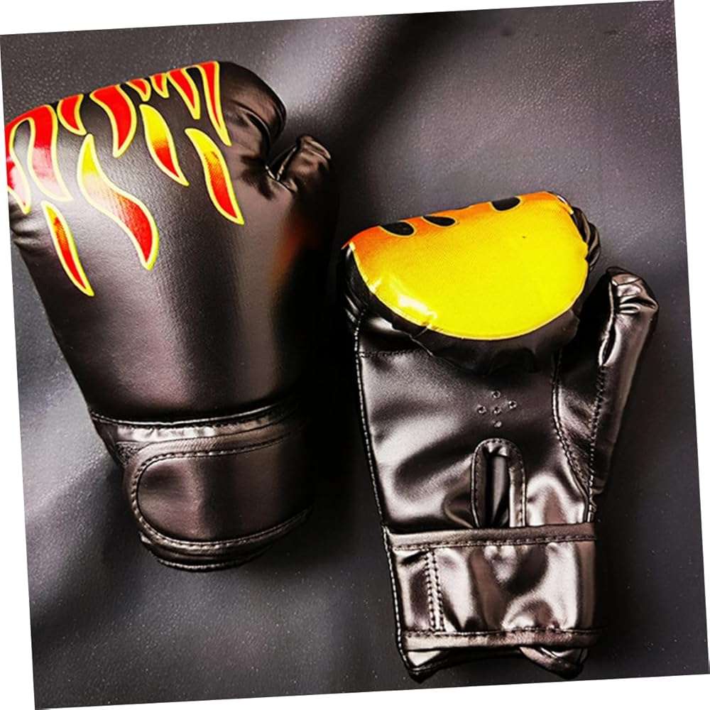 UKCOCO Boxing Gloves PU Leather Thai Training Sparring Gloves for Kickboxing Grappling with Wrist Wraps Comfortable Black Flame Design - Image 8