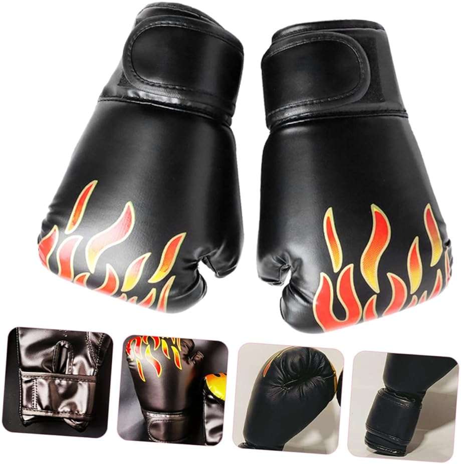 UKCOCO Boxing Gloves PU Leather Thai Training Sparring Gloves for Kickboxing Grappling with Wrist Wraps Comfortable Black Flame Design - Image 9
