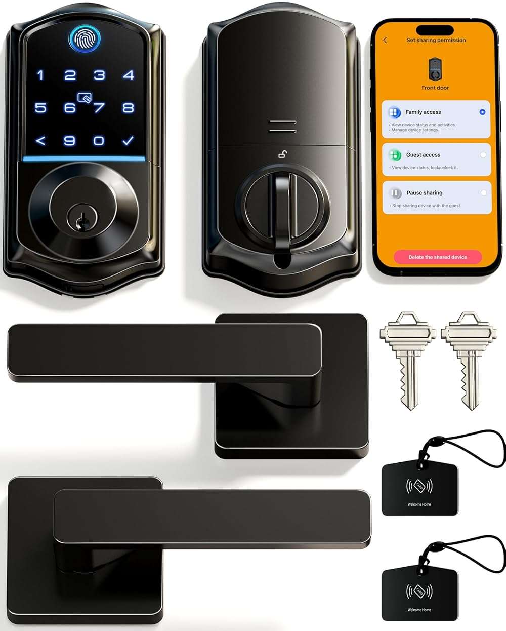 Veise VE017-B Fingerprint Smart Lock for Front Door, App Control, 8-in-1 Keyless Entry Deadbolt with 2 Zinc Alloy Lever Handles Set, Emergency Power Port, Auto Lock, Electronic Keypad, Black - Image 1