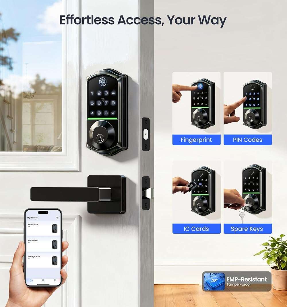 Veise VE017-B Fingerprint Smart Lock for Front Door, App Control, 8-in-1 Keyless Entry Deadbolt with 2 Zinc Alloy Lever Handles Set, Emergency Power Port, Auto Lock, Electronic Keypad, Black - Image 2