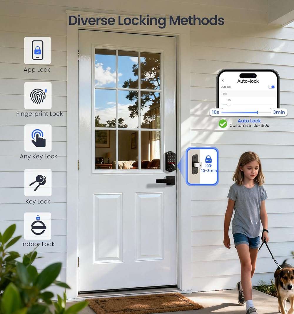 Veise VE017-B Fingerprint Smart Lock for Front Door, App Control, 8-in-1 Keyless Entry Deadbolt with 2 Zinc Alloy Lever Handles Set, Emergency Power Port, Auto Lock, Electronic Keypad, Black - Image 6