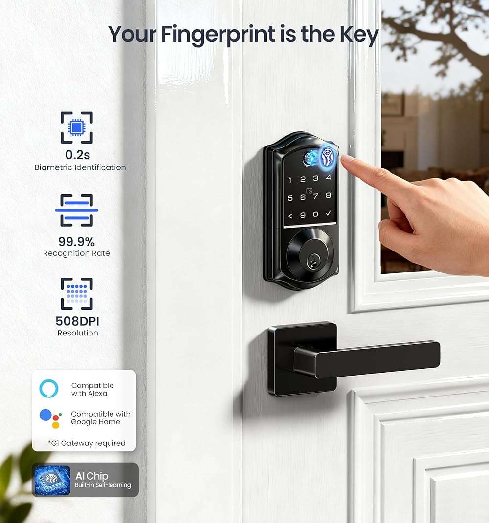 Veise VE017-B Fingerprint Smart Lock for Front Door, App Control, 8-in-1 Keyless Entry Deadbolt with 2 Zinc Alloy Lever Handles Set, Emergency Power Port, Auto Lock, Electronic Keypad, Black - Image 8