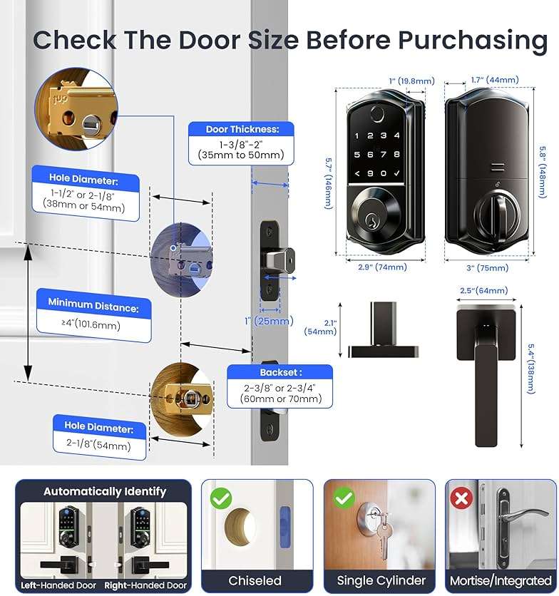 Veise VE017-B Fingerprint Smart Lock for Front Door, App Control, 8-in-1 Keyless Entry Deadbolt with 2 Zinc Alloy Lever Handles Set, Emergency Power Port, Auto Lock, Electronic Keypad, Black - Image 9