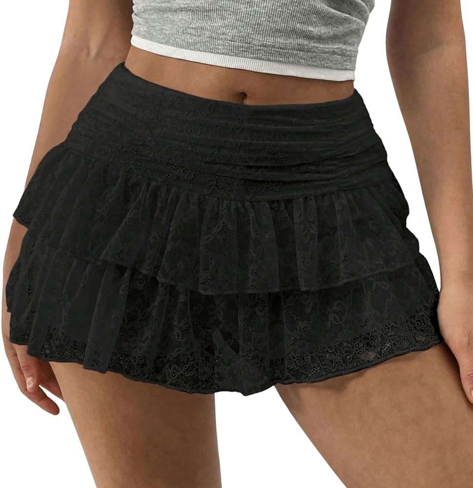 Sastianaen Women Floral Lace Slip Mini Skirts Y2k Low Waist Ruffle Layered Pleated Skirts Tiered Short Skirt Fairy Underskirt - Image 1