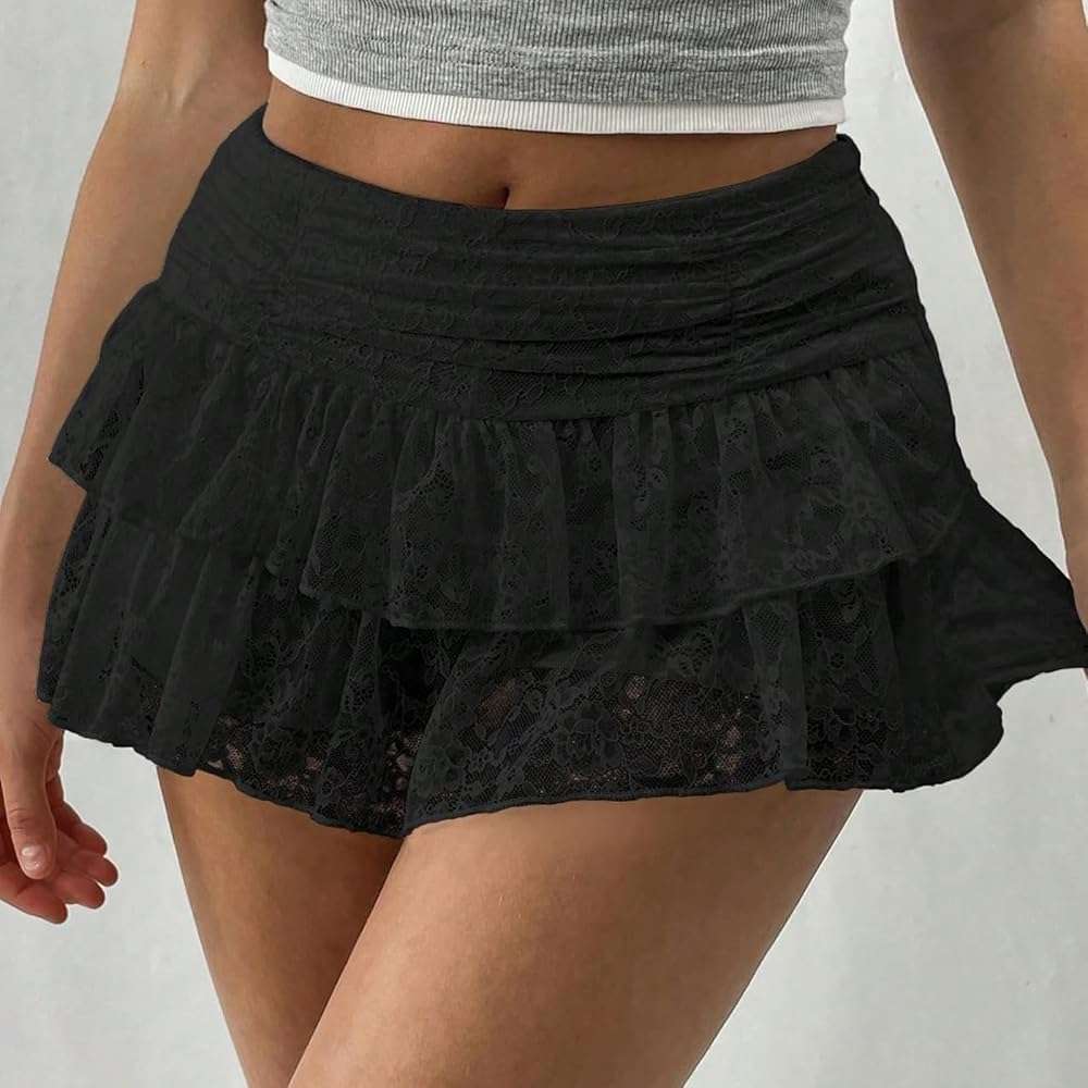 Sastianaen Women Floral Lace Slip Mini Skirts Y2k Low Waist Ruffle Layered Pleated Skirts Tiered Short Skirt Fairy Underskirt - Image 2