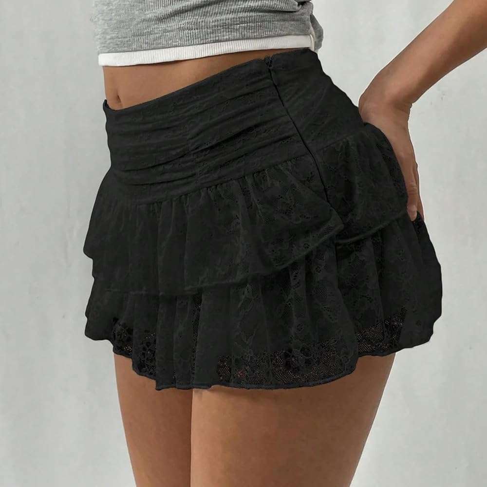 Sastianaen Women Floral Lace Slip Mini Skirts Y2k Low Waist Ruffle Layered Pleated Skirts Tiered Short Skirt Fairy Underskirt - Image 4