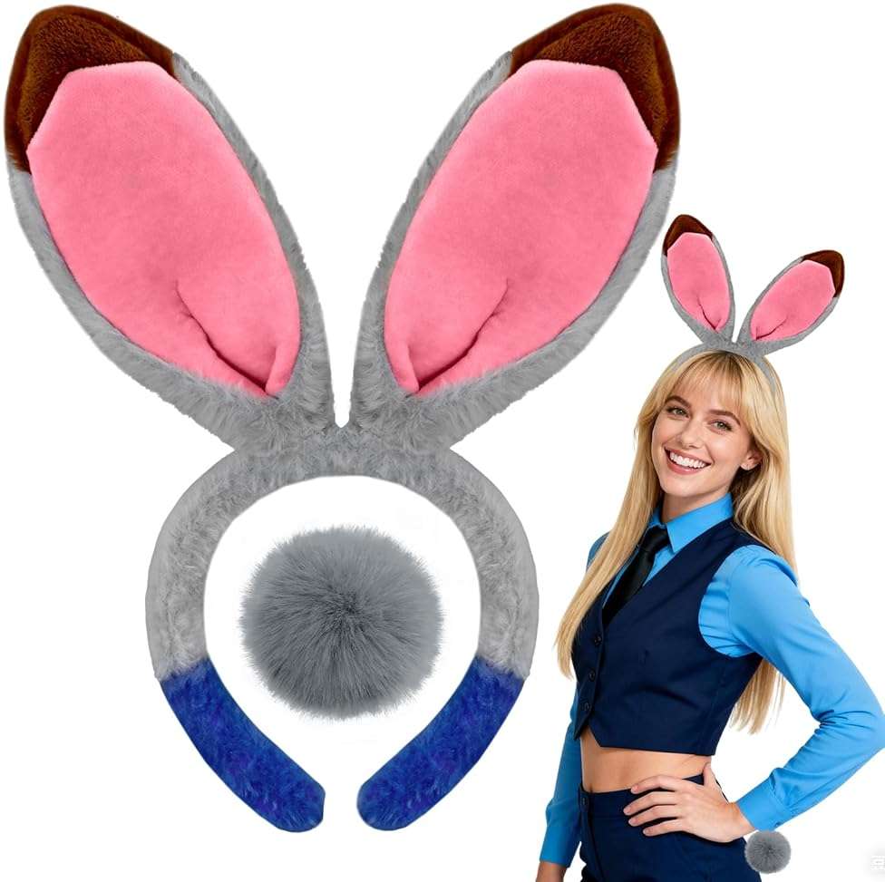 Voiiake Grey Bunny Ears Headband and Tail Set, Bunny Costume Accessories for Women Adult, Plush & Bendable Gray Rabbit Ears for Halloween Party Cosplay - Image 1