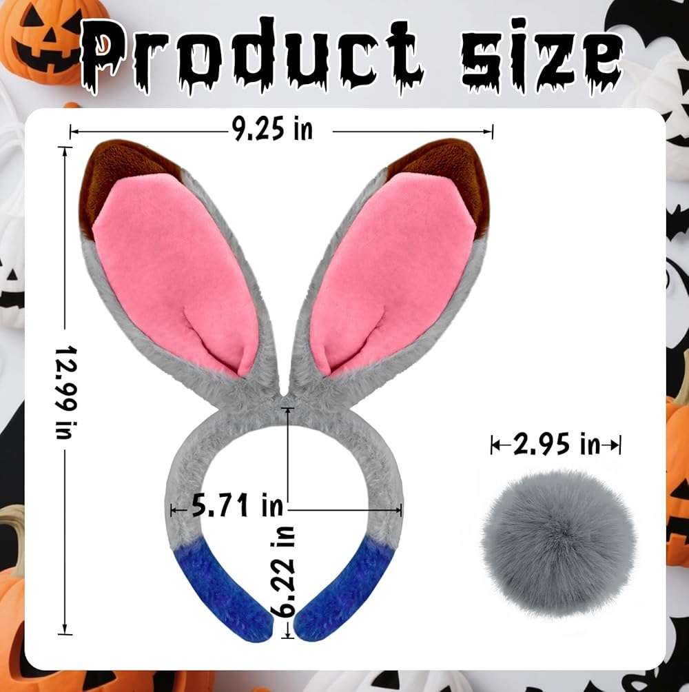 Voiiake Grey Bunny Ears Headband and Tail Set, Bunny Costume Accessories for Women Adult, Plush & Bendable Gray Rabbit Ears for Halloween Party Cosplay - Image 2