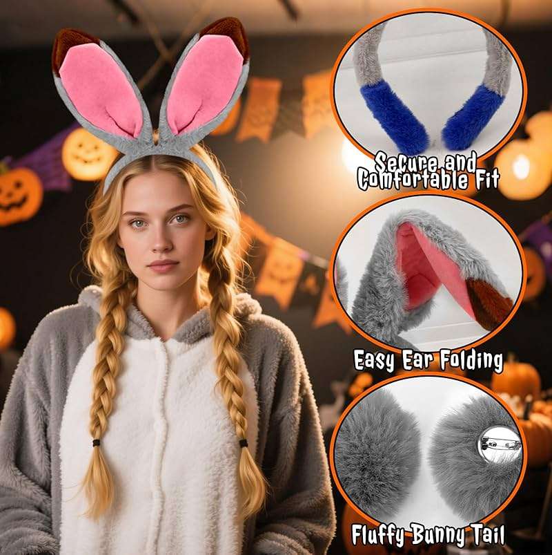 Voiiake Grey Bunny Ears Headband and Tail Set, Bunny Costume Accessories for Women Adult, Plush & Bendable Gray Rabbit Ears for Halloween Party Cosplay - Image 3