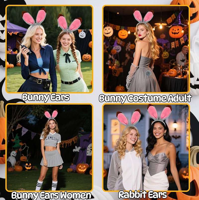 Voiiake Grey Bunny Ears Headband and Tail Set, Bunny Costume Accessories for Women Adult, Plush & Bendable Gray Rabbit Ears for Halloween Party Cosplay - Image 4
