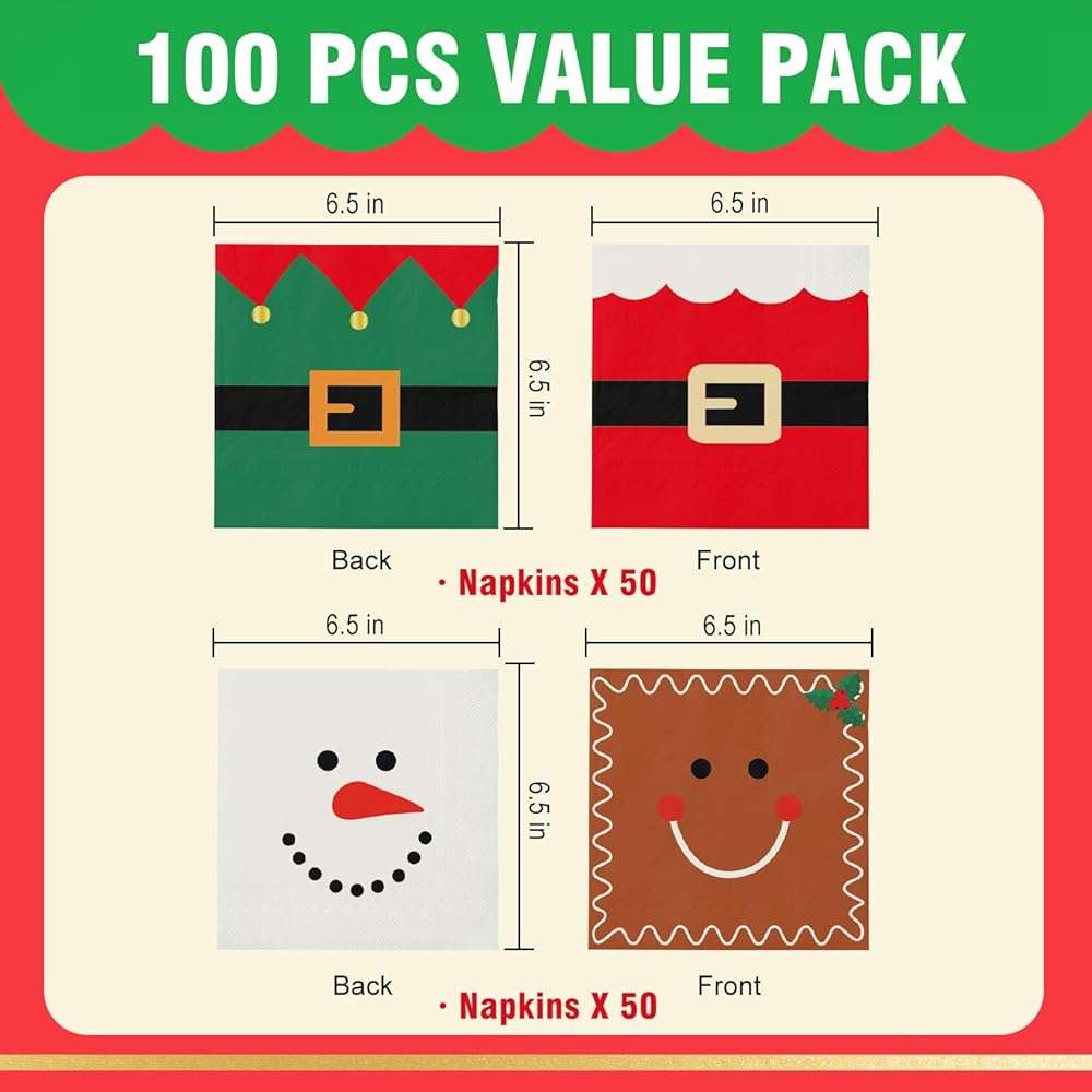 100 Christmas Napkins, Christmas Cocktail Napkins, Xmas Snowman Gingerbread Man Elf & Santa Party Napkins for Holiday Decorations Table Décor Party Supplies - Image 2