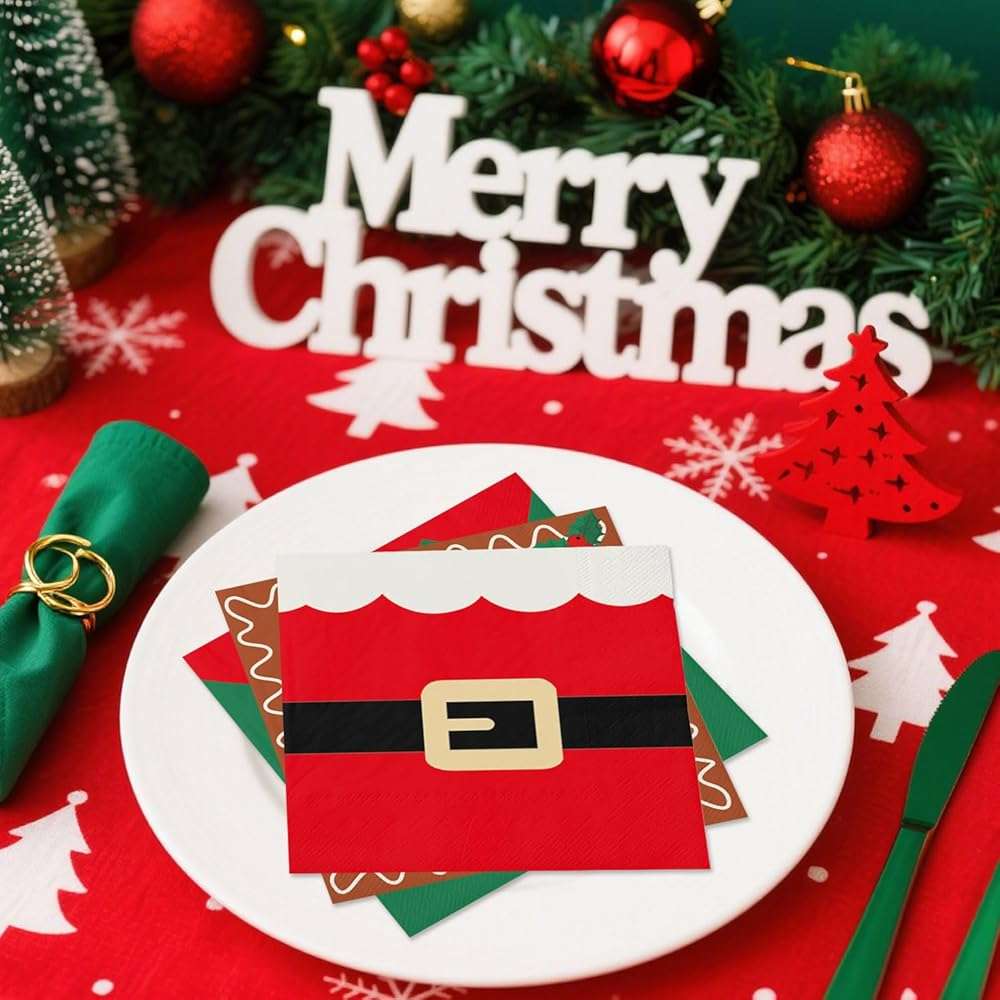 100 Christmas Napkins, Christmas Cocktail Napkins, Xmas Snowman Gingerbread Man Elf & Santa Party Napkins for Holiday Decorations Table Décor Party Supplies - Image 3