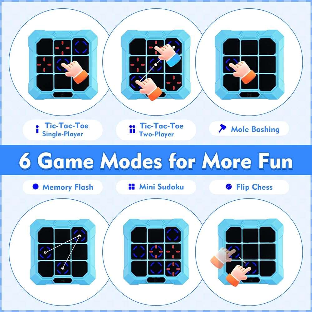 VDPDO Tic Tac Toe Game, 6-in-1 Electronic Tic Tac Toe with Mute & Rechargeable - Handheld Travel Board Game for Kids Ages 4+, Adults, Family - Educational Learning Toy for Boys Girls，Blue - Image 3