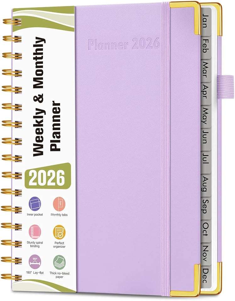 2026 Planner, Hardcover Leather Weekly and Monthly Planner, January 2026 - December 2026, Spiral Yearly Agenda Organizer Book 2026 with Tabs, Daily Calendar Planners for School Work Home, A5 (5.75" x 8.38"), Purple - Image 1