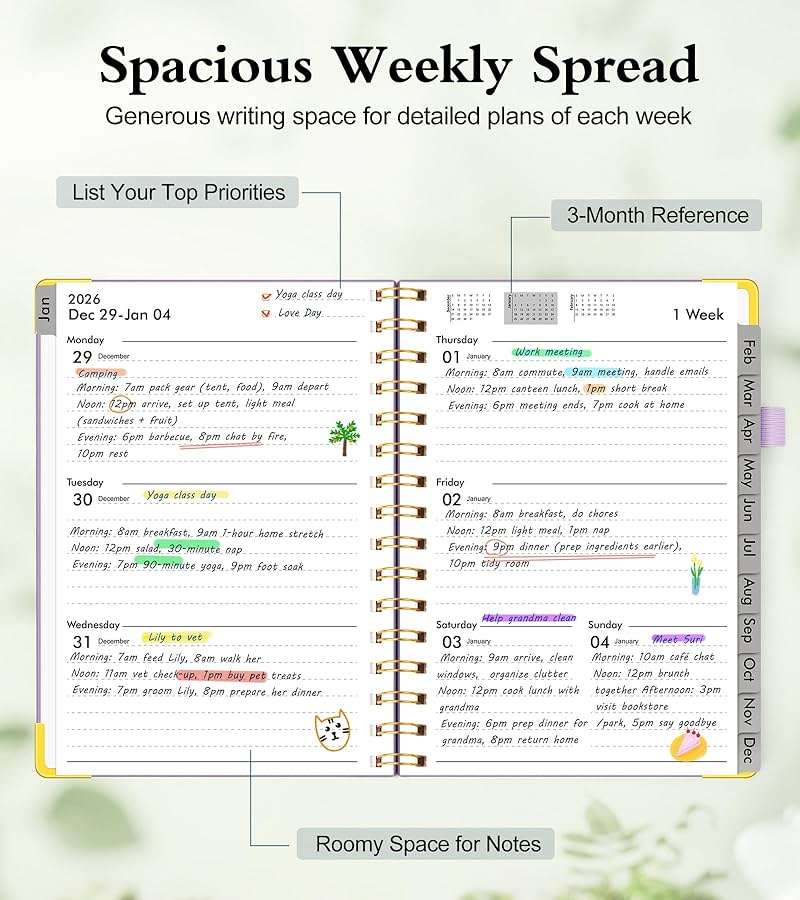 2026 Planner, Hardcover Leather Weekly and Monthly Planner, January 2026 - December 2026, Spiral Yearly Agenda Organizer Book 2026 with Tabs, Daily Calendar Planners for School Work Home, A5 (5.75" x 8.38"), Purple - Image 3