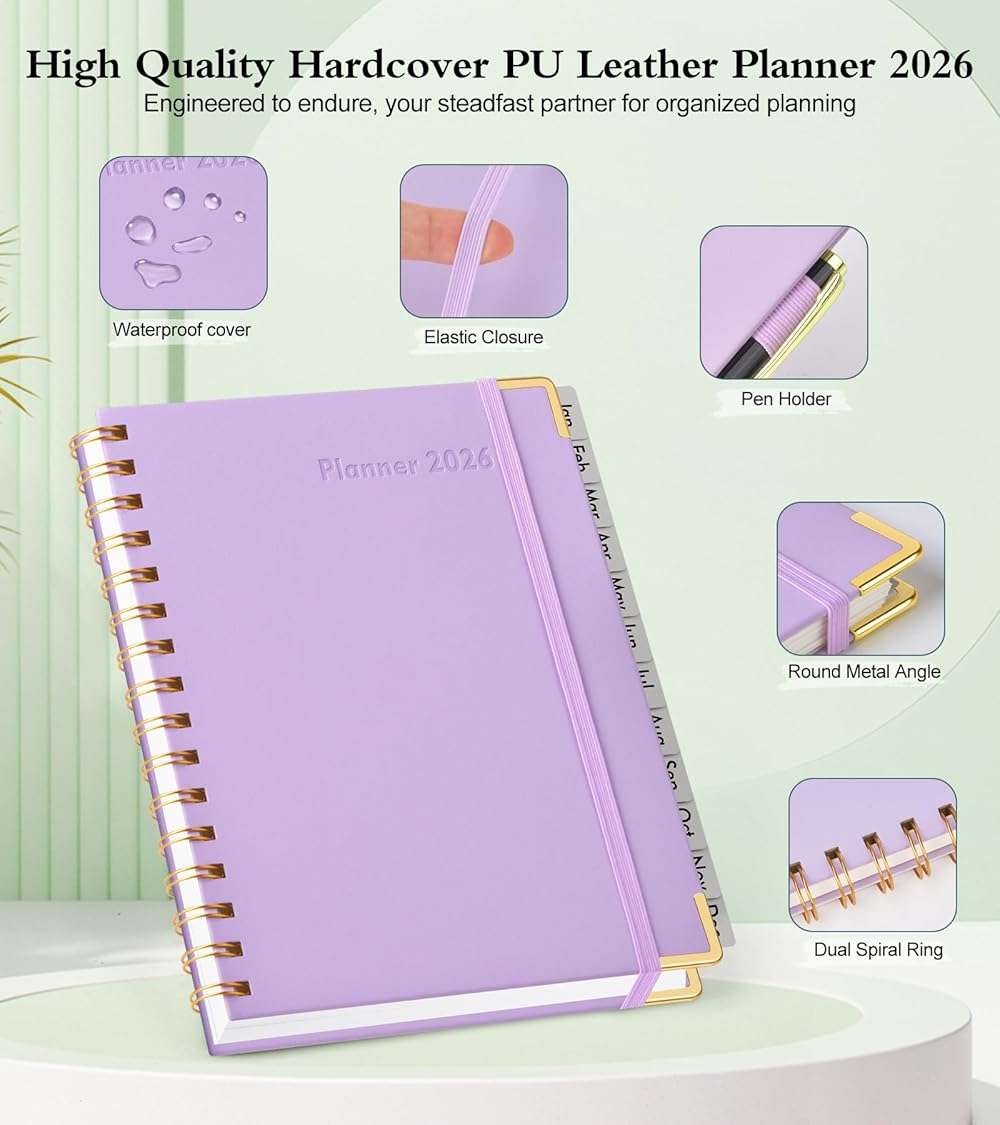 2026 Planner, Hardcover Leather Weekly and Monthly Planner, January 2026 - December 2026, Spiral Yearly Agenda Organizer Book 2026 with Tabs, Daily Calendar Planners for School Work Home, A5 (5.75" x 8.38"), Purple - Image 4