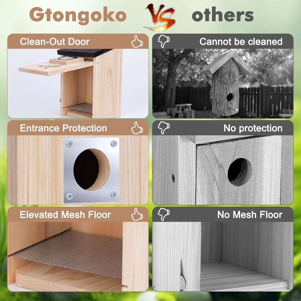 2 Pack Bird Houses for Outside, Bluebird Nesting Box with Metal Predator Guard, 1-1/2" Entrance Hole Wooden Birdhouse Kit for Bluebird Chickadees, Swallows & Finches, Assembly Required - Image 4