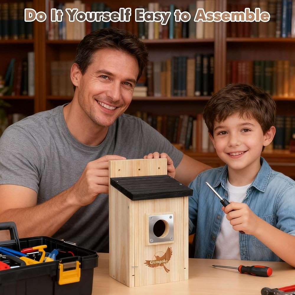 2 Pack Bird Houses for Outside, Bluebird Nesting Box with Metal Predator Guard, 1-1/2" Entrance Hole Wooden Birdhouse Kit for Bluebird Chickadees, Swallows & Finches, Assembly Required - Image 5