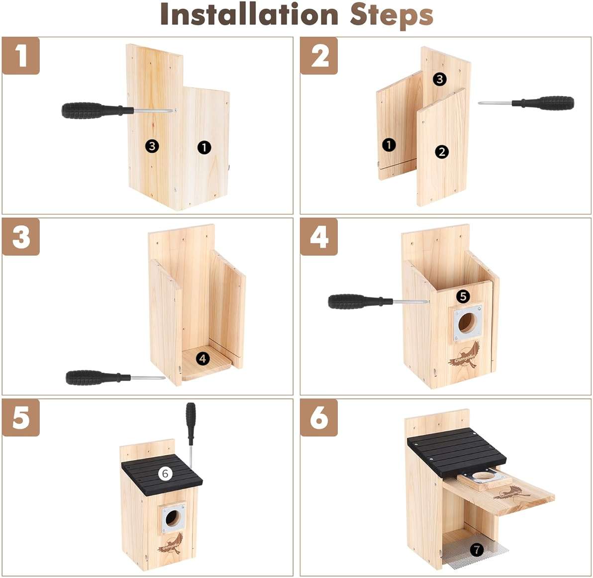 2 Pack Bird Houses for Outside, Bluebird Nesting Box with Metal Predator Guard, 1-1/2" Entrance Hole Wooden Birdhouse Kit for Bluebird Chickadees, Swallows & Finches, Assembly Required - Image 8
