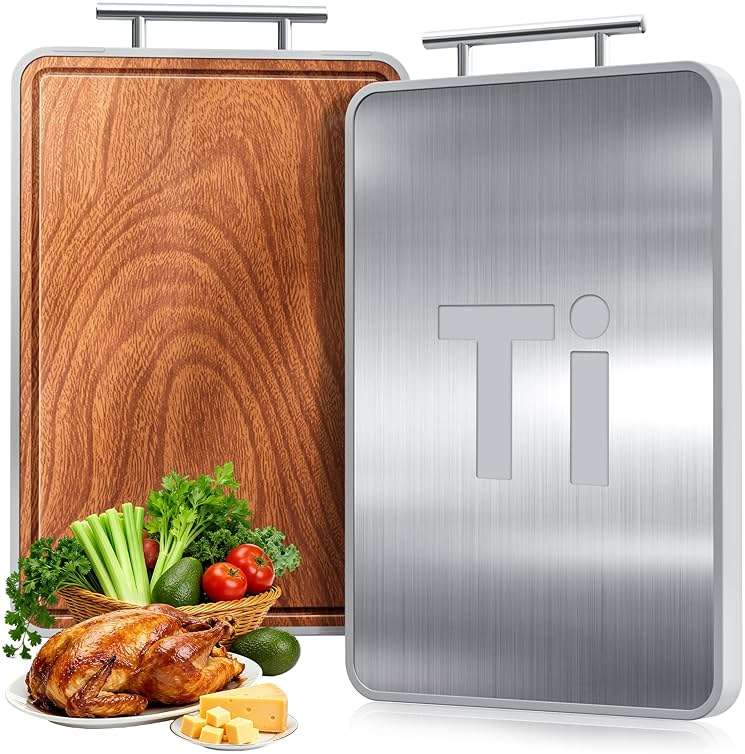 Titanium Cutting Boards For Kitchen,Ebony Wood Cutting Board,Double Sided Metal Chopping Board With Handle And Juice Groove, Idea Kitchen Appliances For Meat And Charcuterie - Image 1