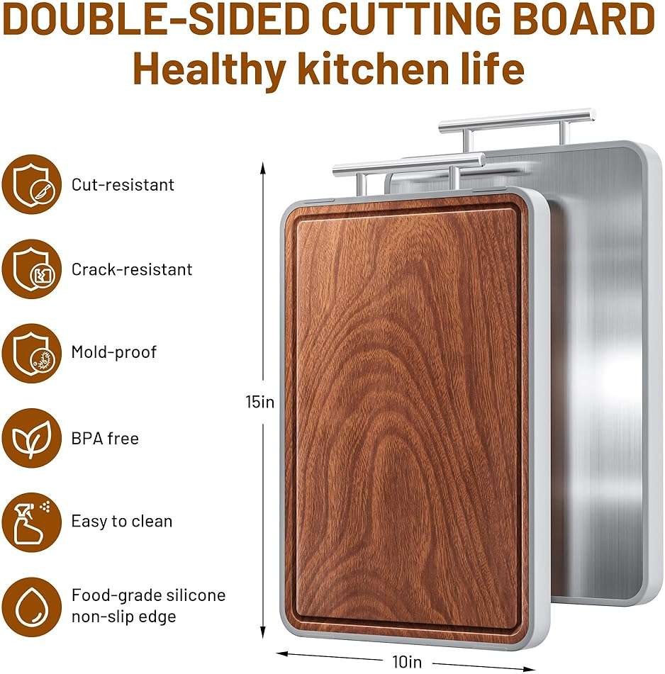 Titanium Cutting Boards For Kitchen,Ebony Wood Cutting Board,Double Sided Metal Chopping Board With Handle And Juice Groove, Idea Kitchen Appliances For Meat And Charcuterie - Image 2