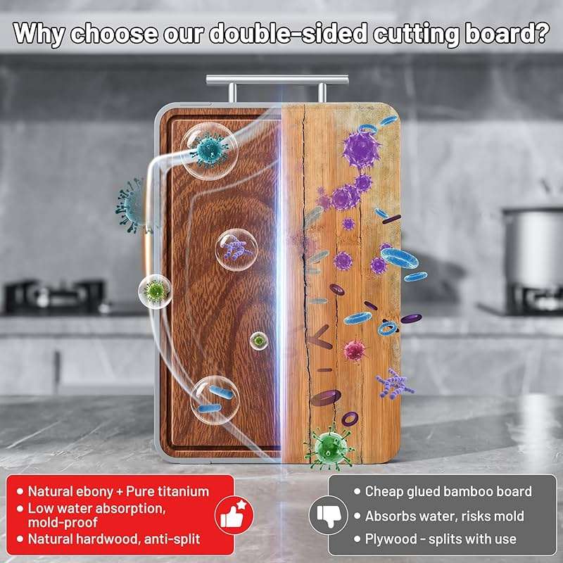 Titanium Cutting Boards For Kitchen,Ebony Wood Cutting Board,Double Sided Metal Chopping Board With Handle And Juice Groove, Idea Kitchen Appliances For Meat And Charcuterie - Image 7