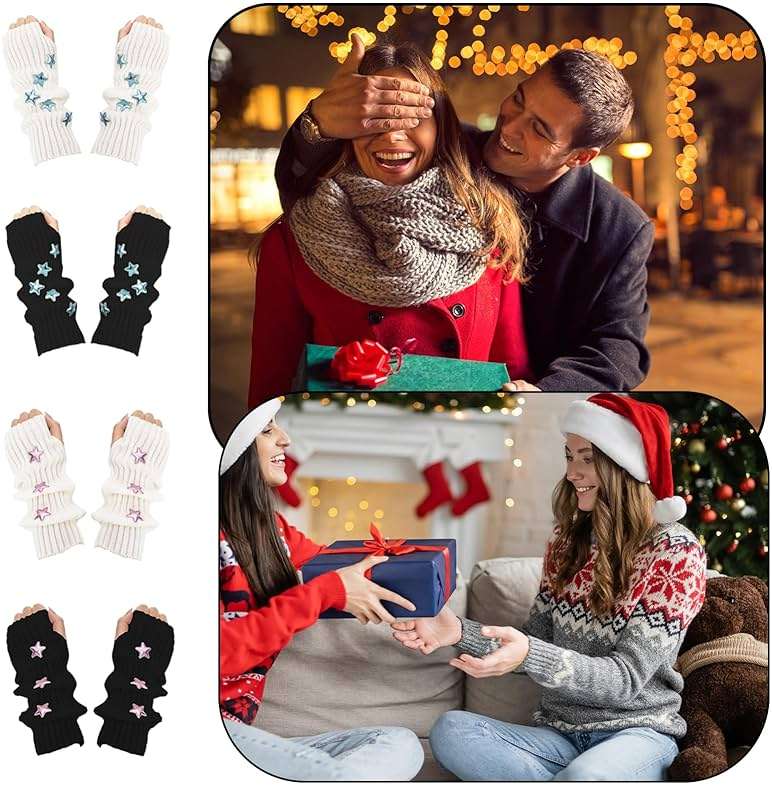 Angirlish 4 Pairs Star Arm Warmers Y2K, Kawaii Knitted Arm Sleeve, Cute Fingerless Thumb Hole Gloves Grunge Accessories for Women Halloween Cosplay - Image 3
