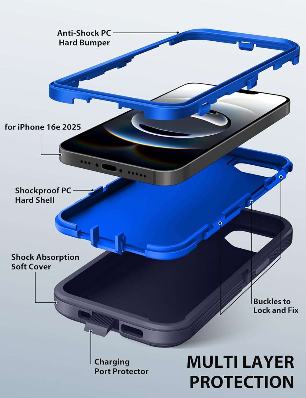 TOPAUX 3 Layer Heavy Duty Case for iPhone 17E,16E,Anti-Shock Hard Cover | Full Body Drop Protection,Impact Resistant,Flexible Soft Skin Protective,Hard Shell,Hybrid TPU Bumper,Port Cover - Image 5