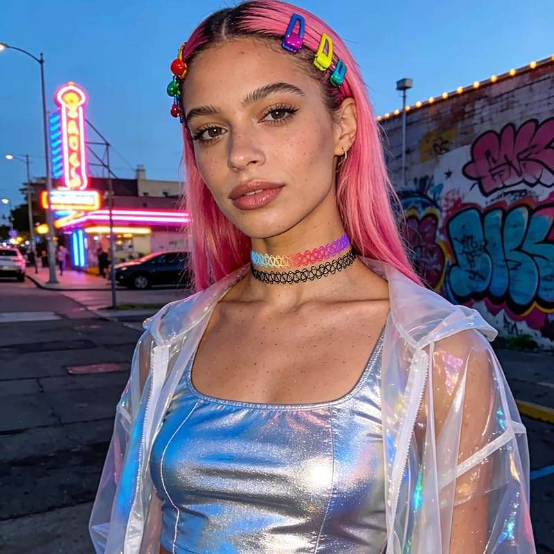 2PCS Black Tattoo Choker Necklace Gothic 90s Choker Rainbow Tattoo Choker Necklace 2000s Jewelry Adjustable Stretchy Elastic Necklace Y2K Vintage Accessories for Women - Image 3