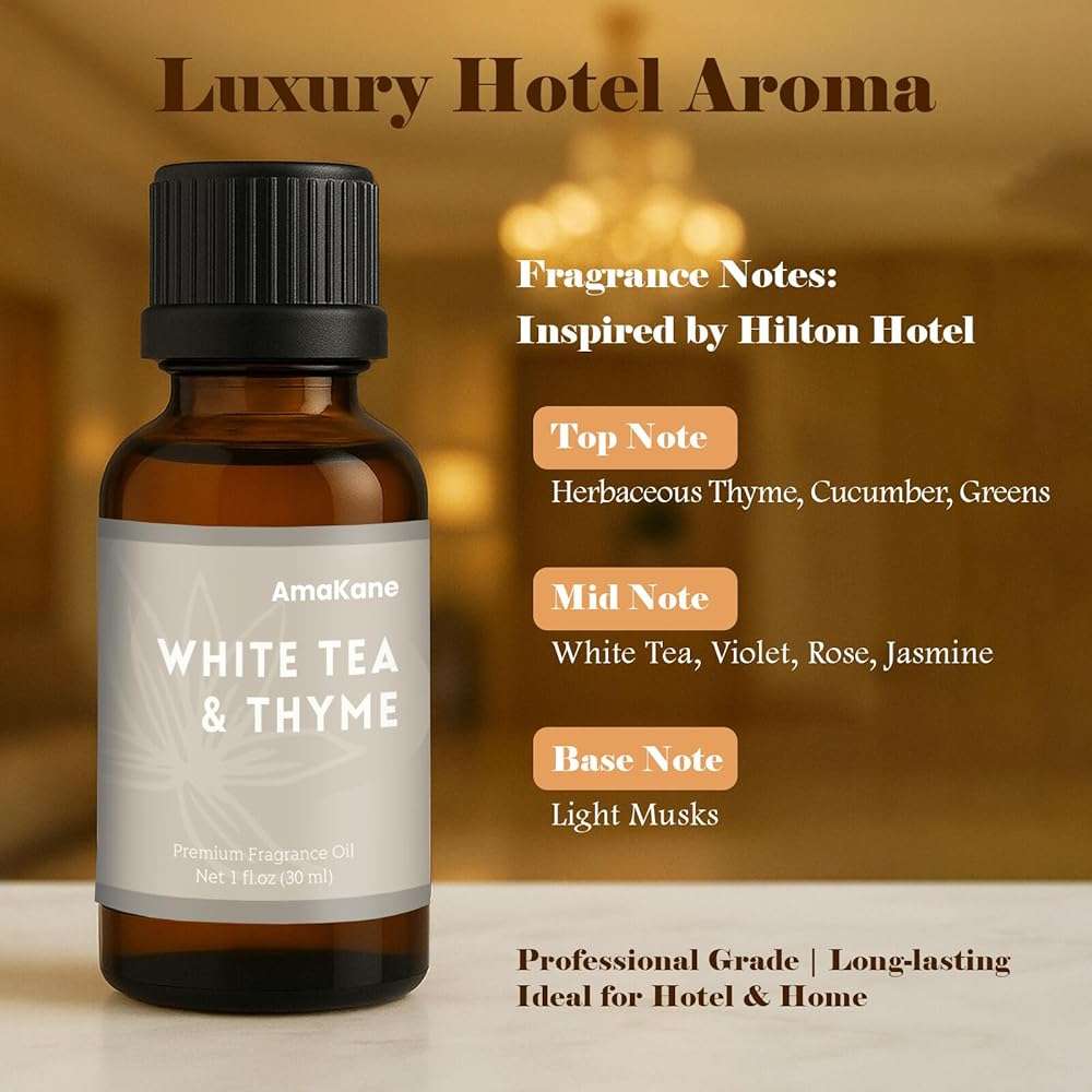 AmaKane White Tea& Thyme Fragrance Oil 30ml, Hotel Essential Oil Inspired by Hilton Hotels, Premium Diffuser Oil for Home, Long-Lasting Aromatherapy Oil, Candle & Soap Making Scents - Image 3
