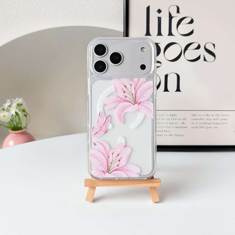 NITITOP Compatible for iPhone 17 Pro Max Case Clear Magnetic Compatible with MagSafe Cute Lily Flowers Floral for Women Girls Hard PC Back Shockproof Protective Phone Cover - Pink - Image 6