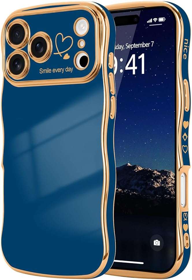 LCHULLE for iPhone 17 Pro Max Case for Women Girls, Cute Wave Frame Curly Shape with Love Heart Raised Camera Protection Cover Luxury Plating Shockproof Phone Case for iPhone 17 Pro Max, Navy Blue - Image 1