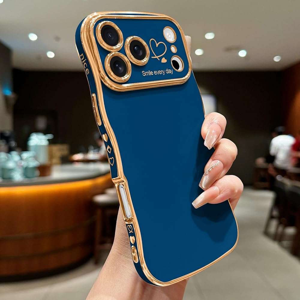 LCHULLE for iPhone 17 Pro Max Case for Women Girls, Cute Wave Frame Curly Shape with Love Heart Raised Camera Protection Cover Luxury Plating Shockproof Phone Case for iPhone 17 Pro Max, Navy Blue - Image 2