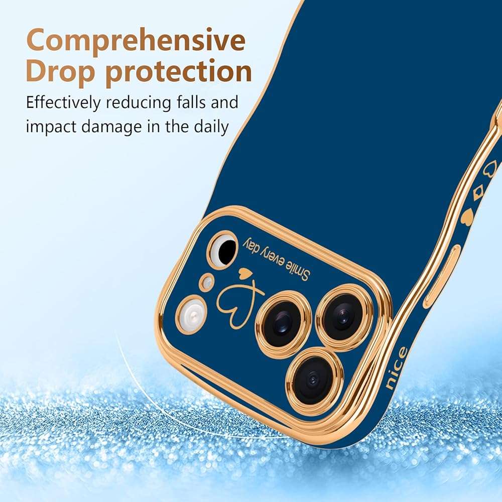 LCHULLE for iPhone 17 Pro Max Case for Women Girls, Cute Wave Frame Curly Shape with Love Heart Raised Camera Protection Cover Luxury Plating Shockproof Phone Case for iPhone 17 Pro Max, Navy Blue - Image 3