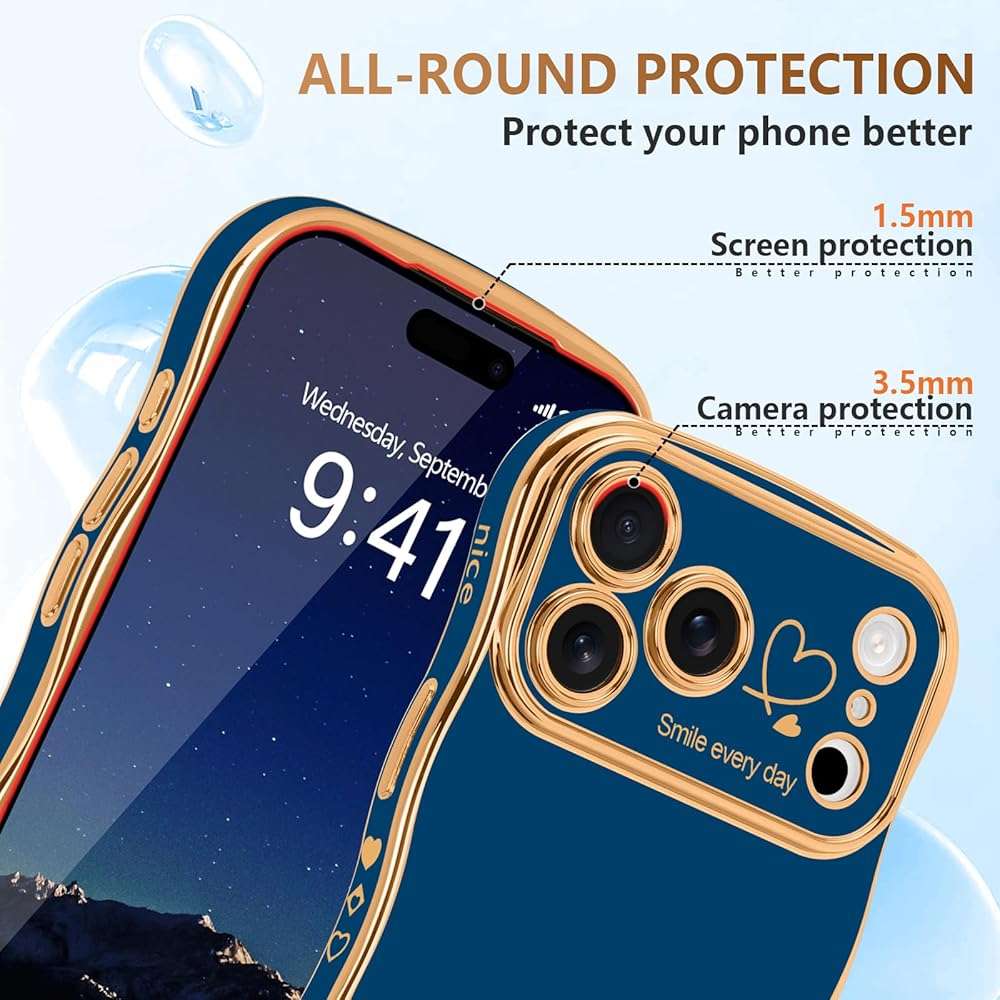 LCHULLE for iPhone 17 Pro Max Case for Women Girls, Cute Wave Frame Curly Shape with Love Heart Raised Camera Protection Cover Luxury Plating Shockproof Phone Case for iPhone 17 Pro Max, Navy Blue - Image 4