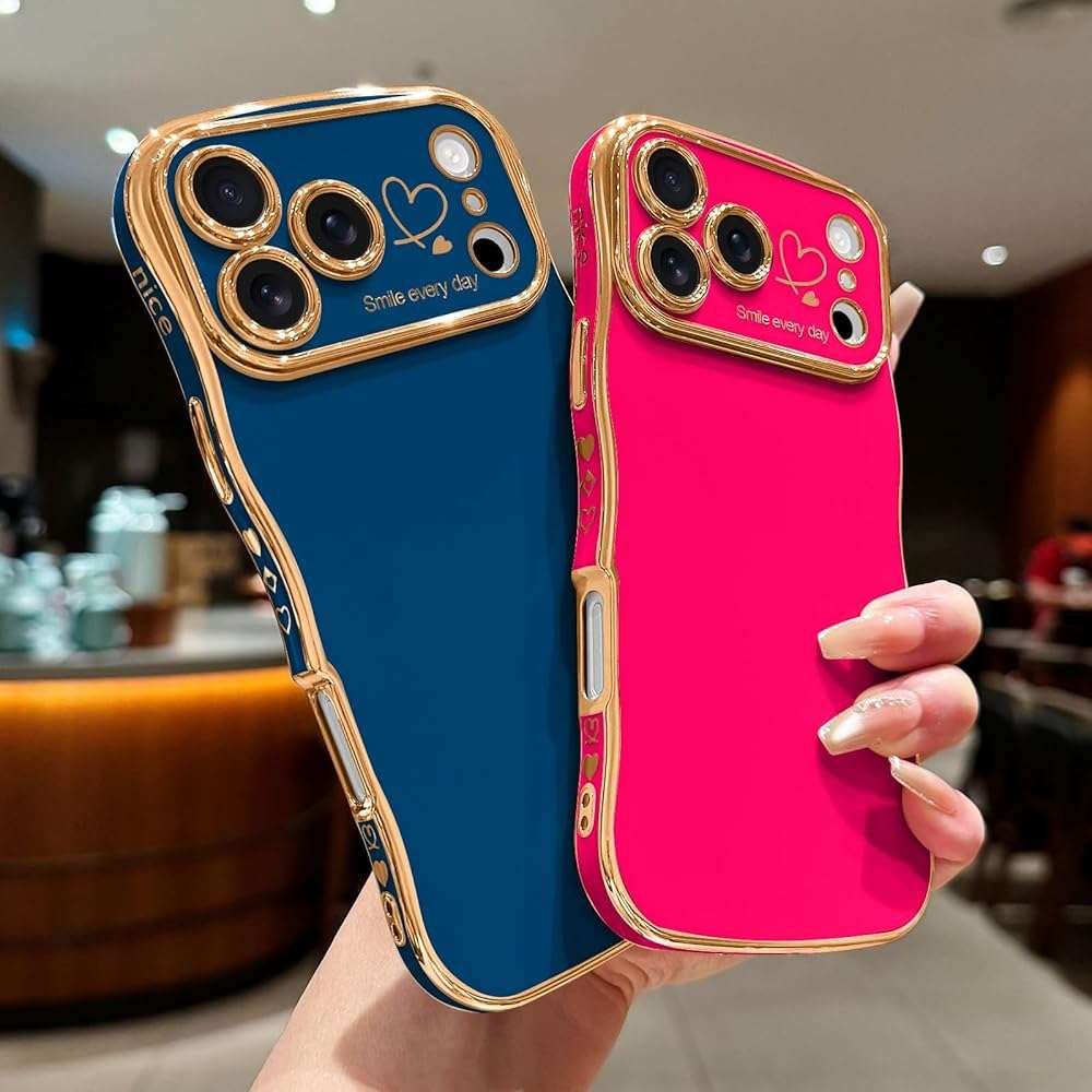 LCHULLE for iPhone 17 Pro Max Case for Women Girls, Cute Wave Frame Curly Shape with Love Heart Raised Camera Protection Cover Luxury Plating Shockproof Phone Case for iPhone 17 Pro Max, Navy Blue - Image 5