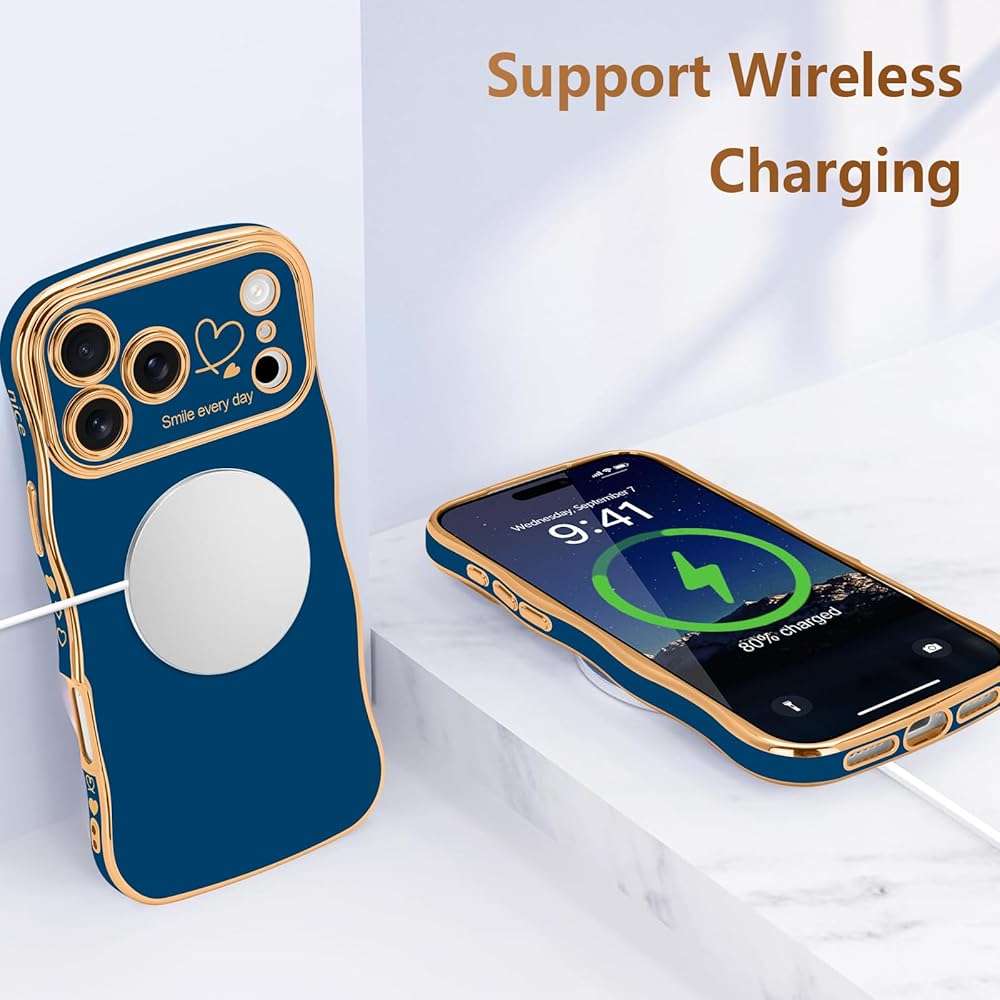 LCHULLE for iPhone 17 Pro Max Case for Women Girls, Cute Wave Frame Curly Shape with Love Heart Raised Camera Protection Cover Luxury Plating Shockproof Phone Case for iPhone 17 Pro Max, Navy Blue - Image 6