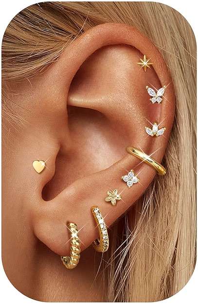 Dochais 14K Gold Plated Surgical Steel Earrings 9 Pairs Flat Back Earrings Small Cartilage Hoop Earring for Women Trendy Hypoallergenic Flatback Stud Stacks for Multiple Piercing Lightweight Jewelry - Image 1